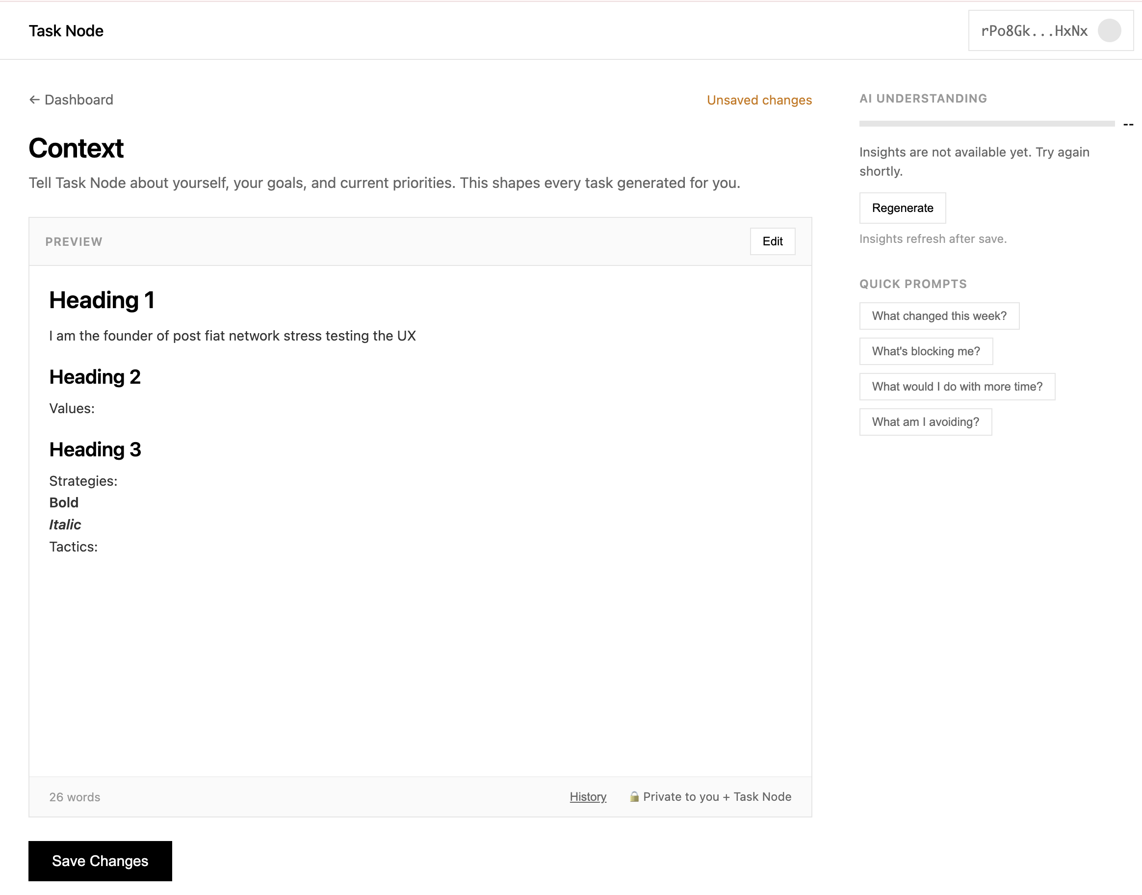 Task Node context editor showing strategy and context fields