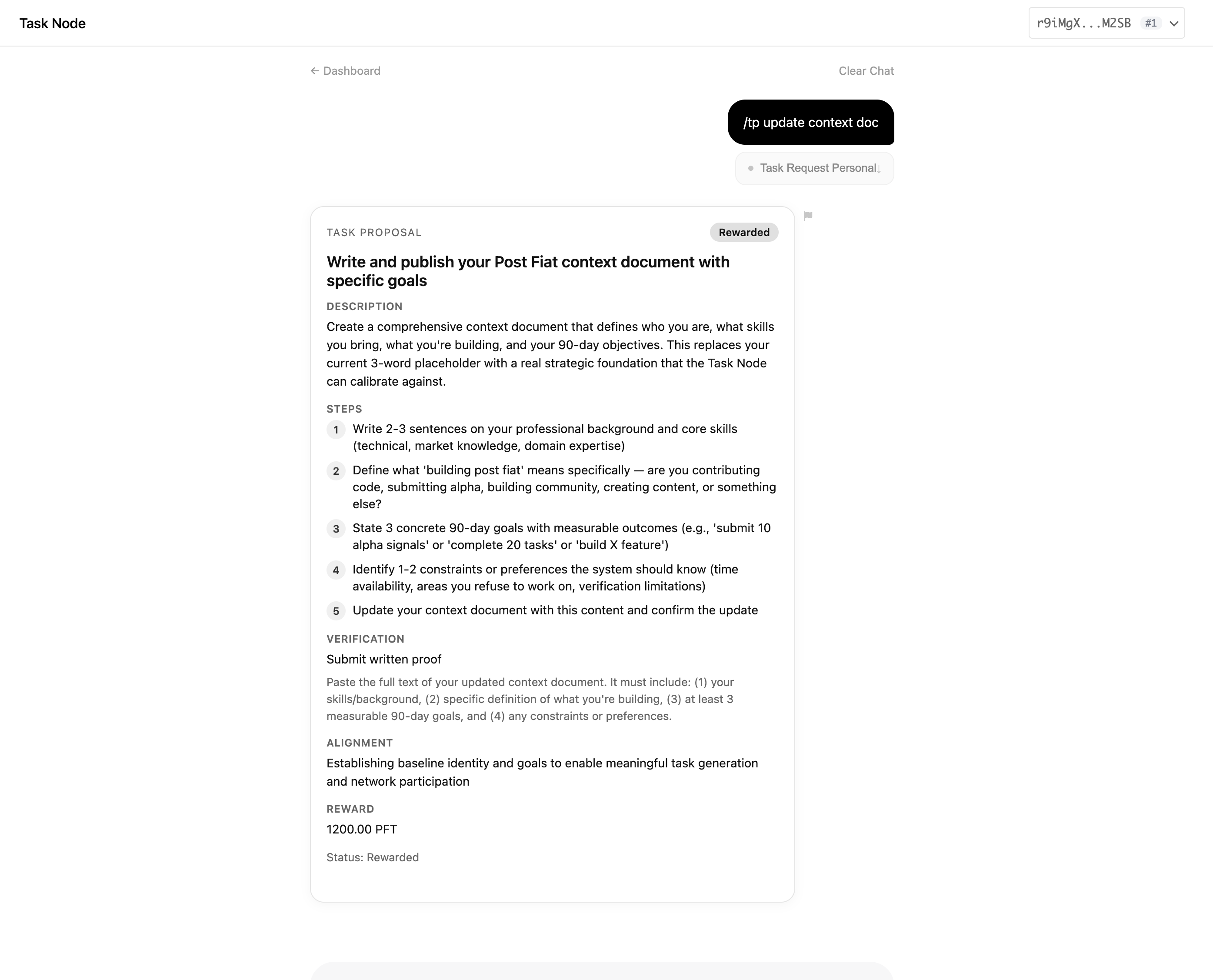 Task Node dashboard showing a rewarded task state